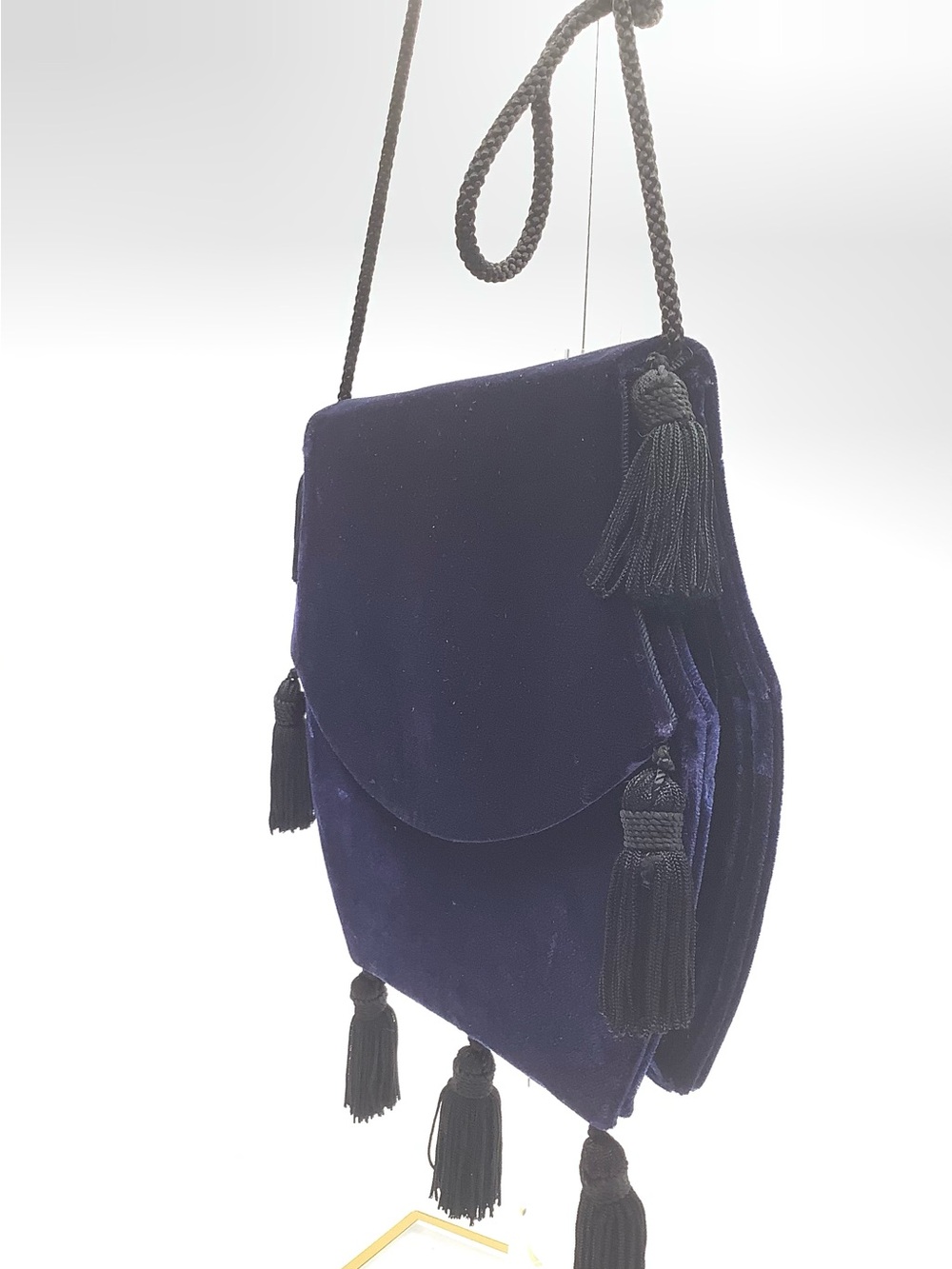 Yves Saint Laurent Blue Velvet Flap Bag with Black Tassels and Cord Strap - Picture 7 of 10